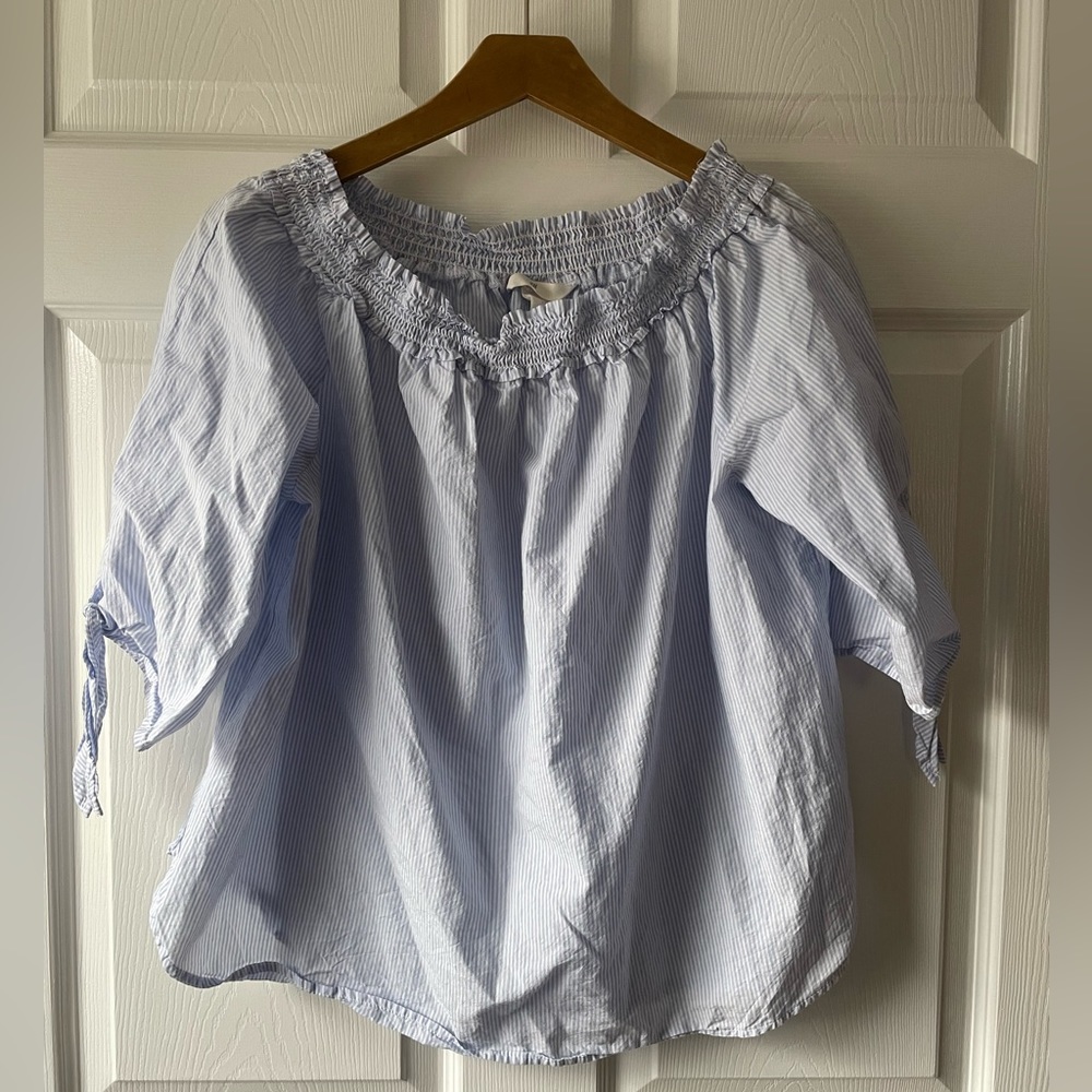 H&M Blue and White Striped Ruffle Hem Airy Blouse size 8